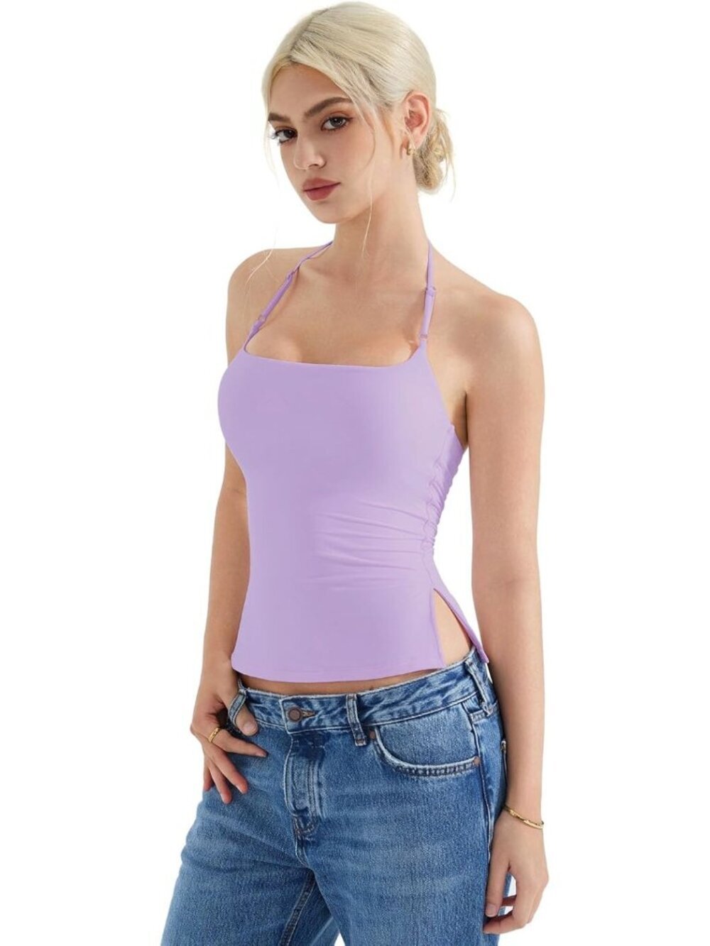 Women's Lilac Sleeveless Backless Double Lined Pull On Imported Tank Top - Picture 3 of 6
